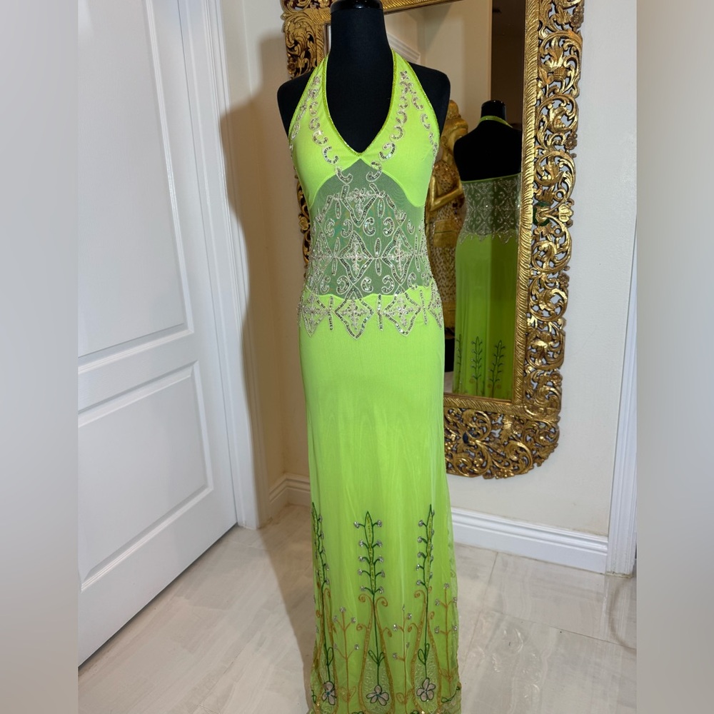 Elegant Lime Halter Evening Gown with hand Beaded and hand embroidered‎ Bodice